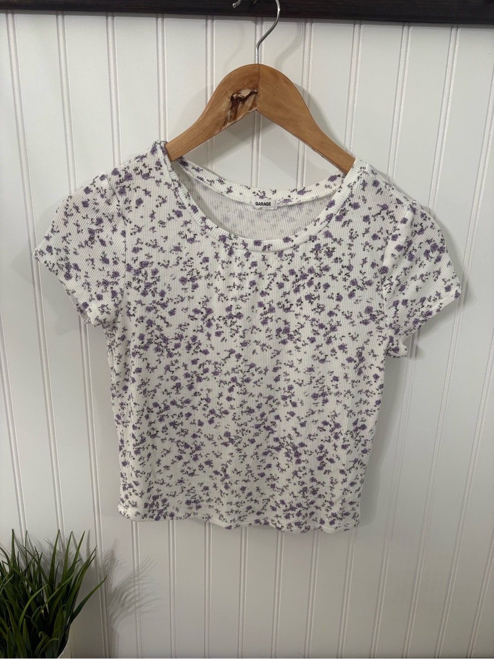 Garage White Ribbed Tee with Lavender Floral Print
